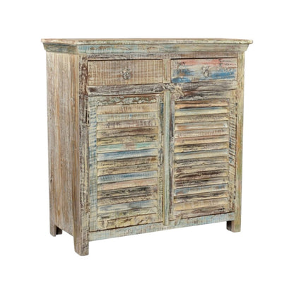 44" White Distressed Reclaimed Wood Shutter Style Two Drawer Sideboard With Two Doors HomeRoots