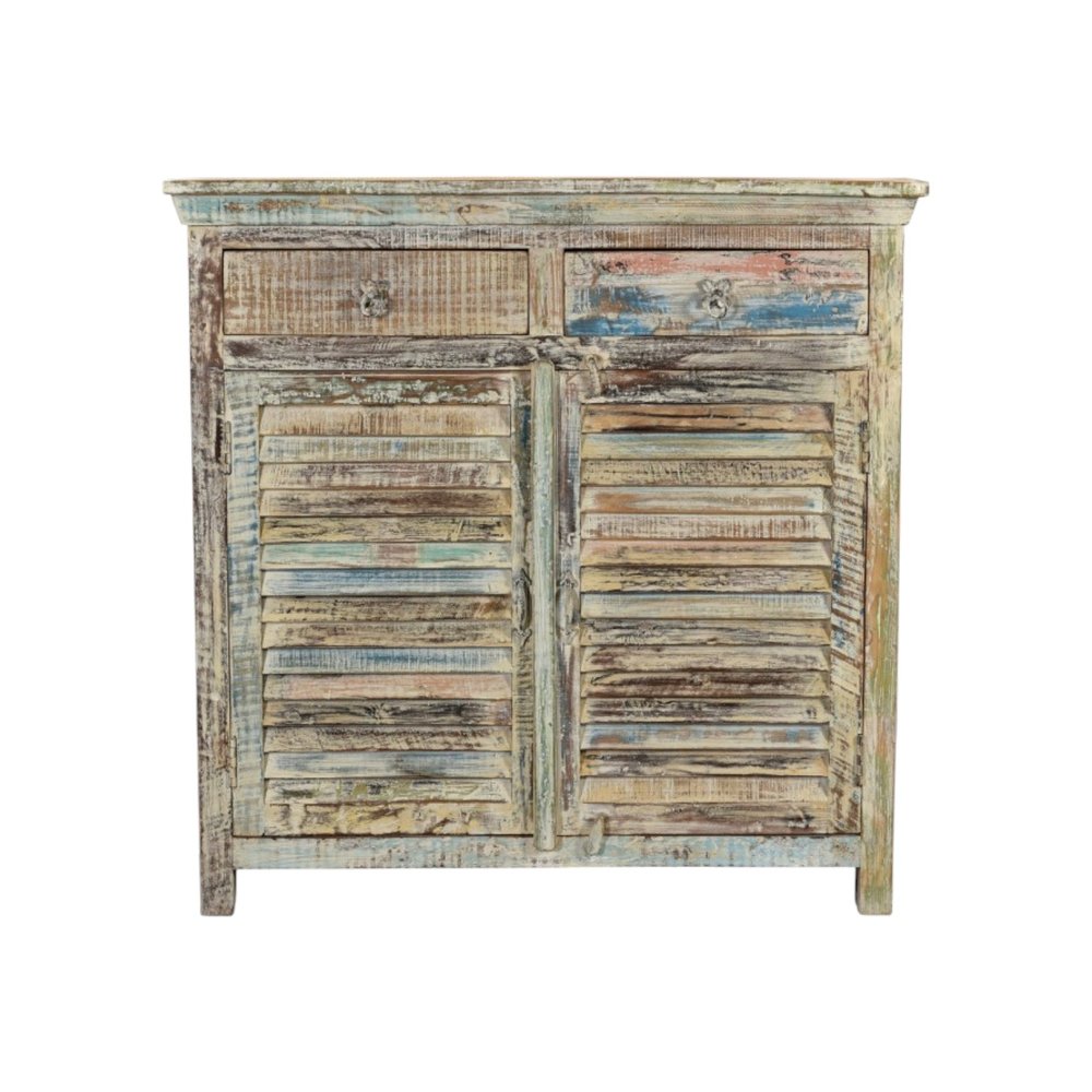 44" White Distressed Reclaimed Wood Shutter Style Two Drawer Sideboard With Two Doors