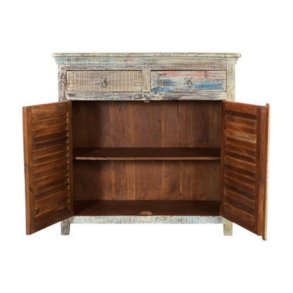 44" White Distressed Reclaimed Wood Shutter Style Two Drawer Sideboard With Two Doors HomeRoots