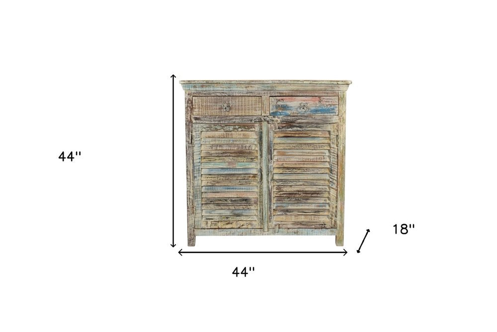 44" White Distressed Reclaimed Wood Shutter Style Two Drawer Sideboard With Two Doors — view 6