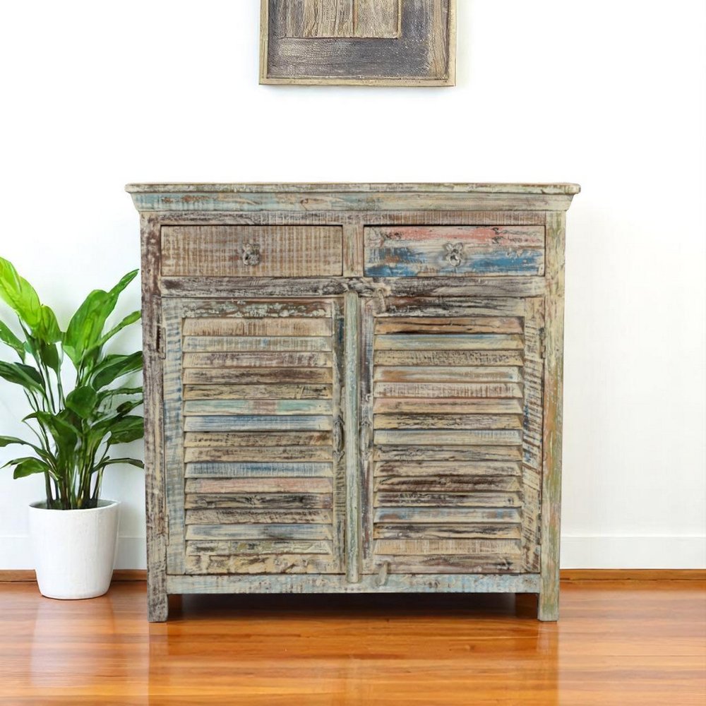 44" White Distressed Reclaimed Wood Shutter Style Two Drawer Sideboard With Two Doors HomeRoots