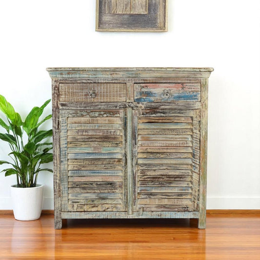 44" White Distressed Reclaimed Wood Shutter Style Two Drawer Sideboard With Two Doors