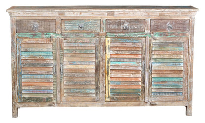 72" Natural And Rainbow Reclaimed Wood Shutter Style Sideboard with Four Doors HomeRoots