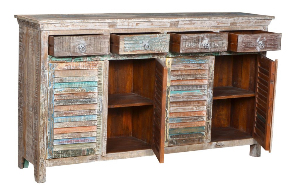 72" Natural And Rainbow Reclaimed Wood Shutter Style Sideboard with Four Doors HomeRoots