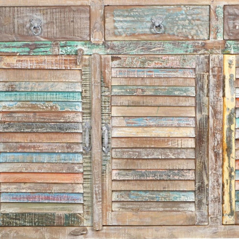 72" Natural And Rainbow Reclaimed Wood Shutter Style Sideboard with Four Doors HomeRoots