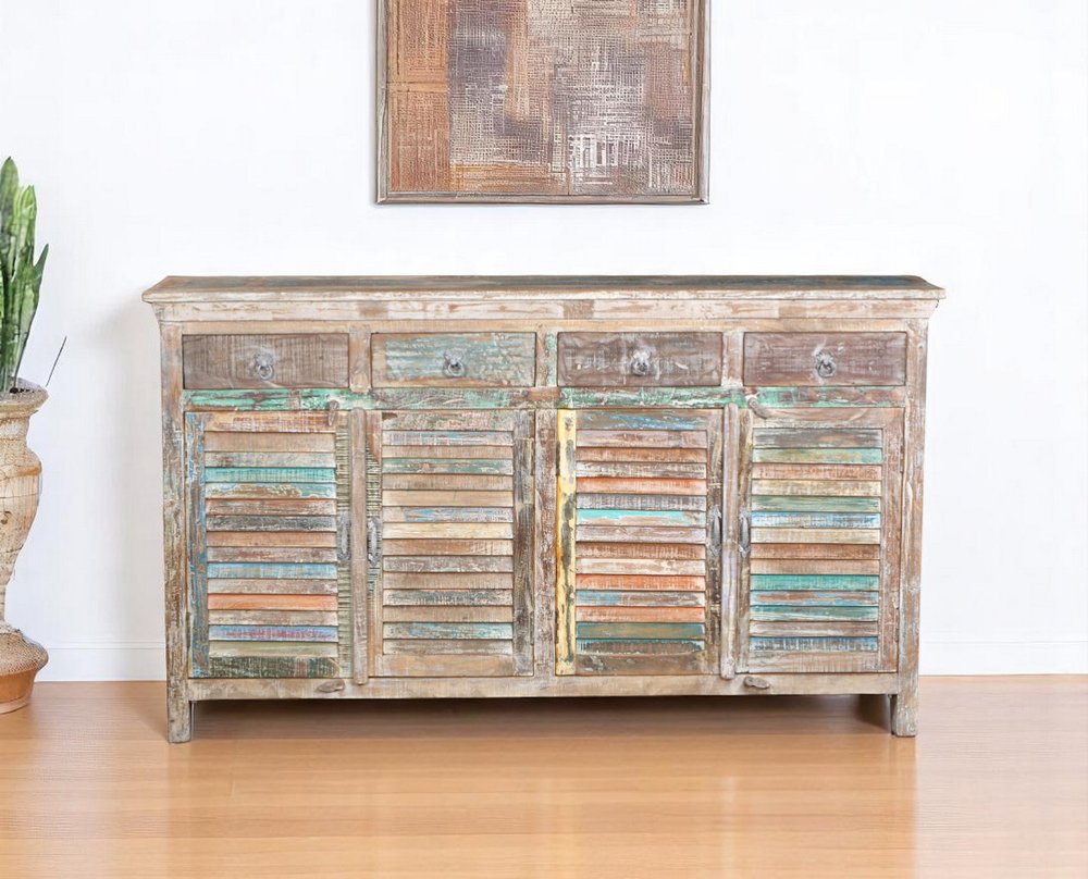 72" Natural And Rainbow Reclaimed Wood Shutter Style Sideboard with Four Doors HomeRoots