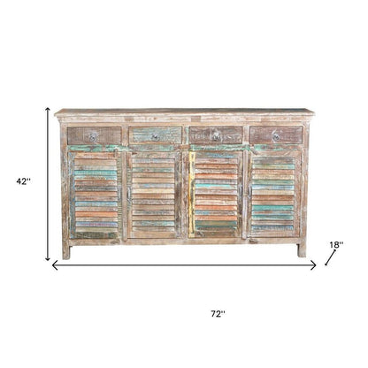 72" Natural And Rainbow Reclaimed Wood Shutter Style Sideboard with Four Doors HomeRoots
