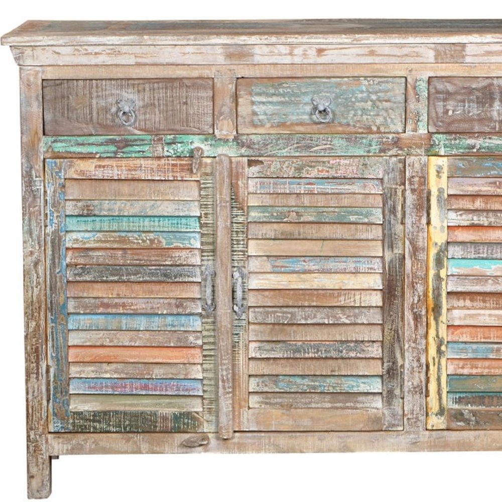 72" Natural And Rainbow Reclaimed Wood Shutter Style Sideboard with Four Doors HomeRoots