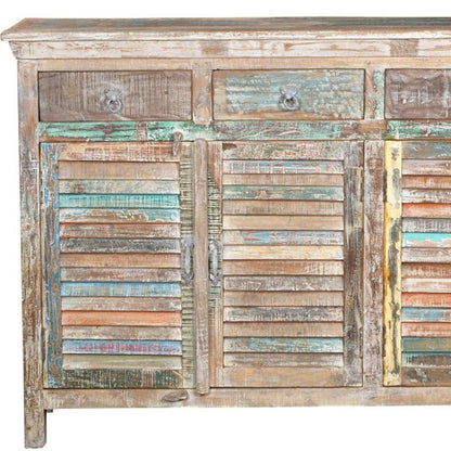 72" Natural And Rainbow Reclaimed Wood Shutter Style Sideboard with Four Doors HomeRoots
