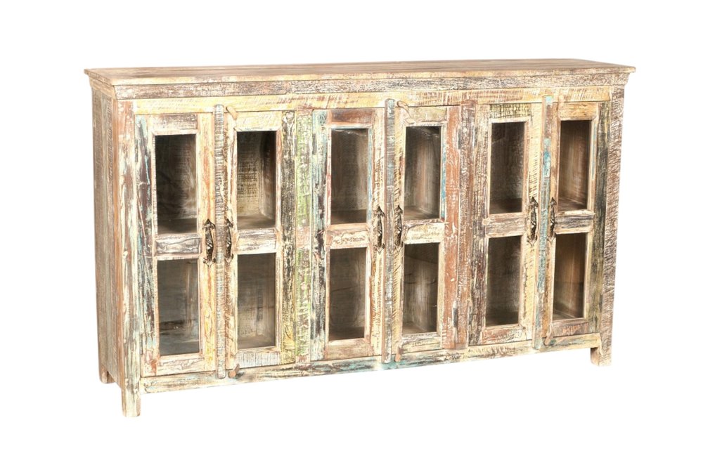 71" Brown And White Distressed Reclaimed Wood Paneled Sideboard With Six Glass Doors HomeRoots