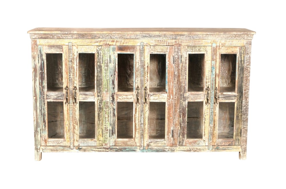 71" Brown And White Distressed Reclaimed Wood Paneled Sideboard With Six Glass Doors — view 2