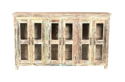 71" Brown And White Distressed Reclaimed Wood Paneled Sideboard With Six Glass Doors HomeRoots