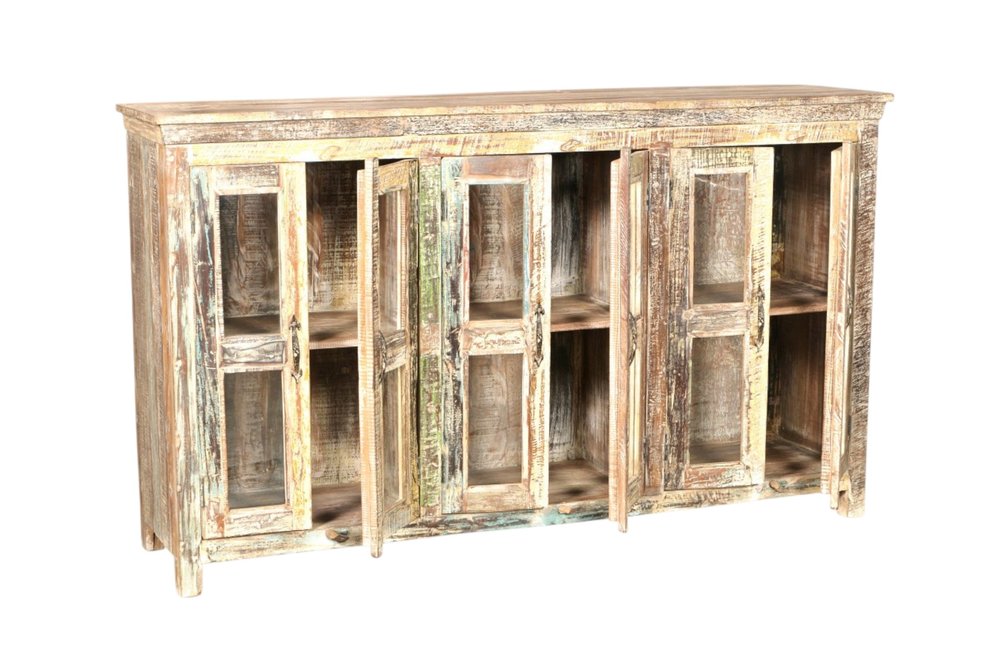 71" Brown And White Distressed Reclaimed Wood Paneled Sideboard With Six Glass Doors — view 4