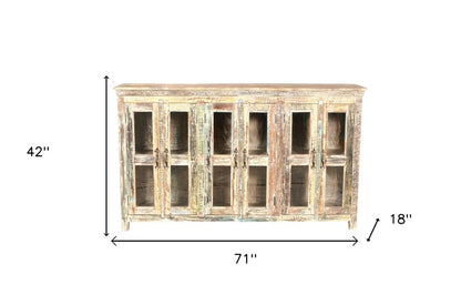 71" Brown And White Distressed Reclaimed Wood Paneled Sideboard With Six Glass Doors HomeRoots