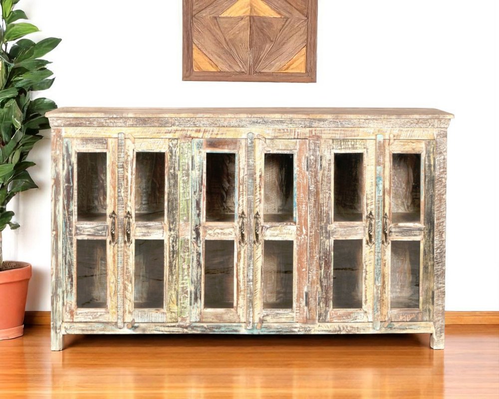 71" Brown And White Distressed Reclaimed Wood Paneled Sideboard With Six Glass Doors HomeRoots