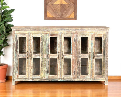 71" Brown And White Distressed Reclaimed Wood Paneled Sideboard With Six Glass Doors HomeRoots