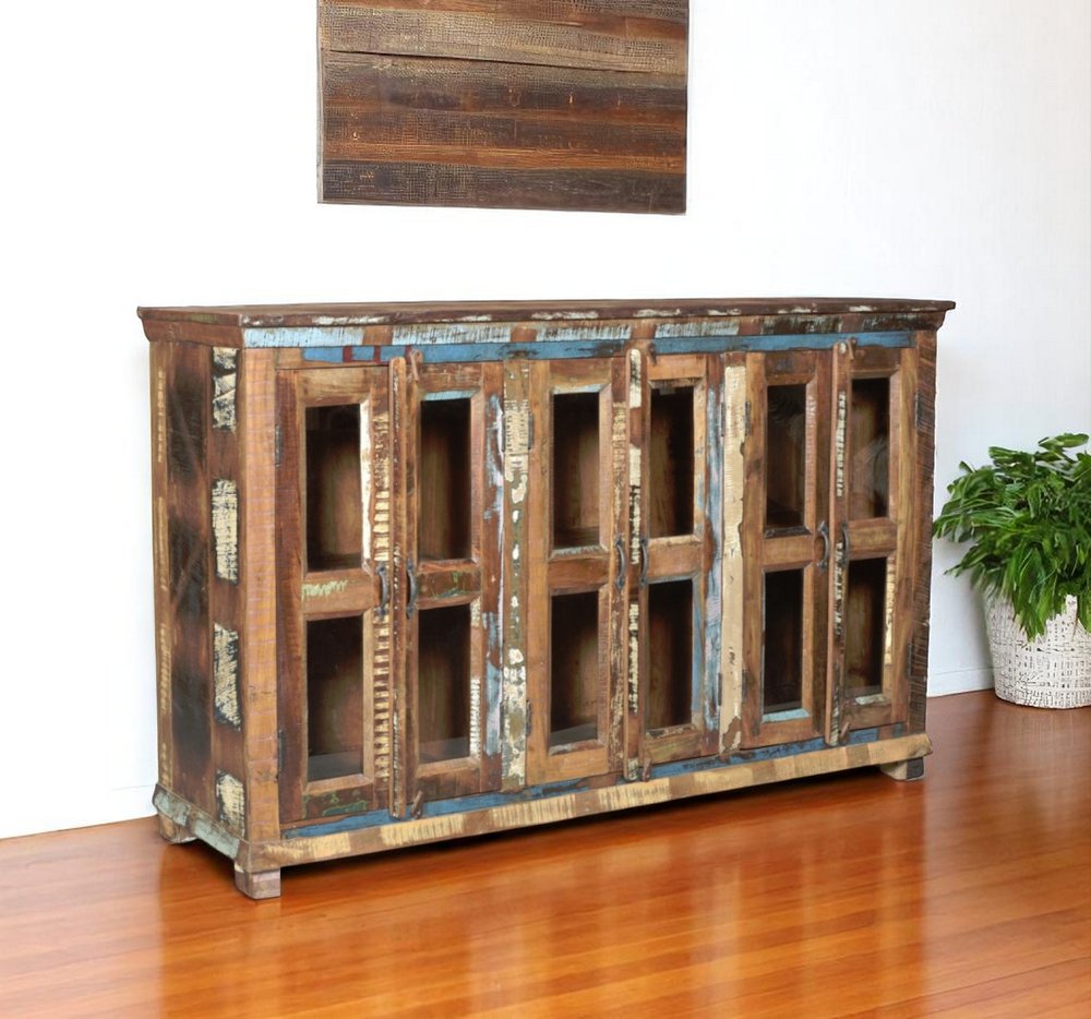 71" Brown Blue And White Distressed Reclaimed Wood Paneled Sideboard With Six Glass Doors HomeRoots