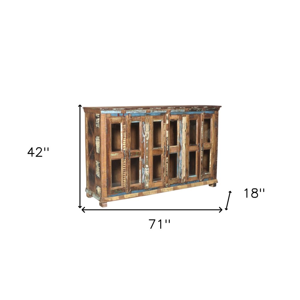 71" Brown Blue And White Distressed Reclaimed Wood Paneled Sideboard With Six Glass Doors HomeRoots