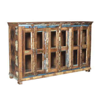 71" Brown Blue And White Distressed Reclaimed Wood Paneled Sideboard With Six Glass Doors HomeRoots