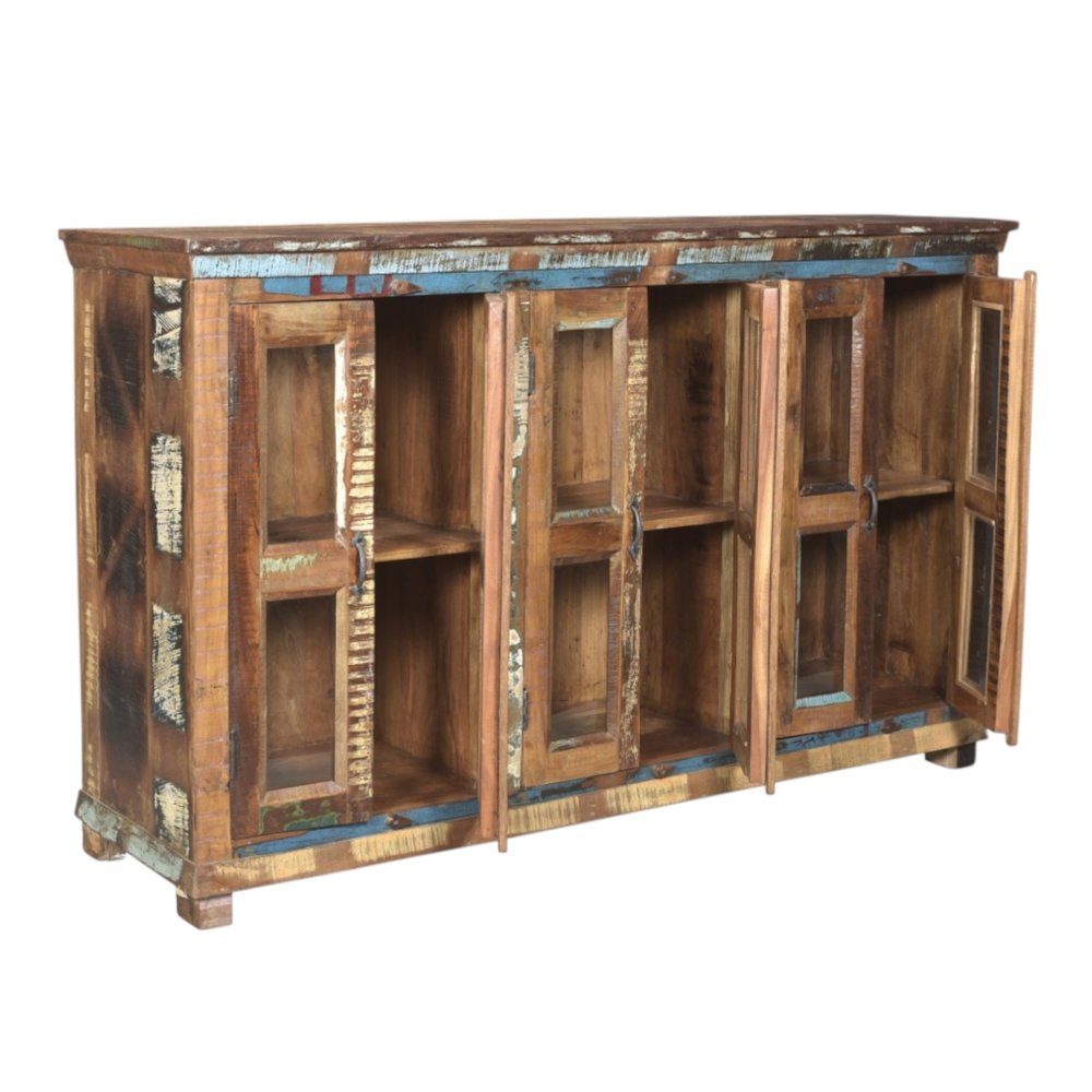 71" Brown Blue And White Distressed Reclaimed Wood Paneled Sideboard With Six Glass Doors — view 3
