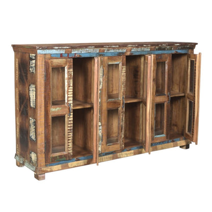 71" Brown Blue And White Distressed Reclaimed Wood Paneled Sideboard With Six Glass Doors HomeRoots