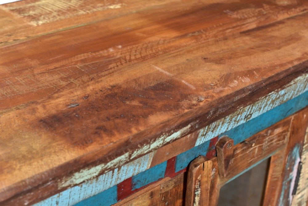 71" Brown Blue And White Distressed Reclaimed Wood Paneled Sideboard With Six Glass Doors HomeRoots