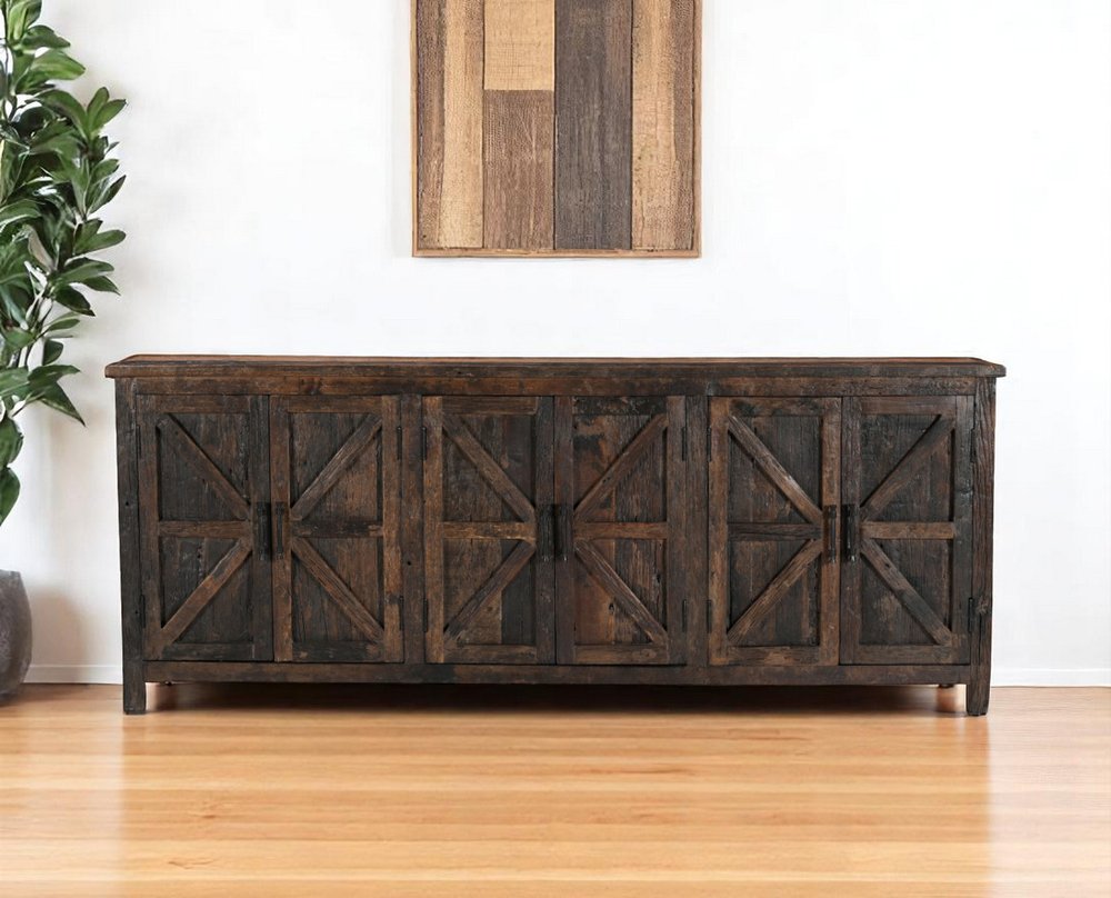 84" Dark Brown Distressed Reclaimed Wood Paneled Sideboard with Six Doors HomeRoots