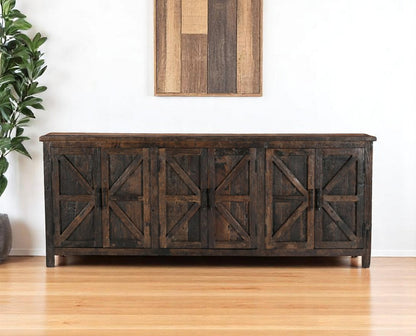 84" Dark Brown Distressed Reclaimed Wood Paneled Sideboard with Six Doors HomeRoots
