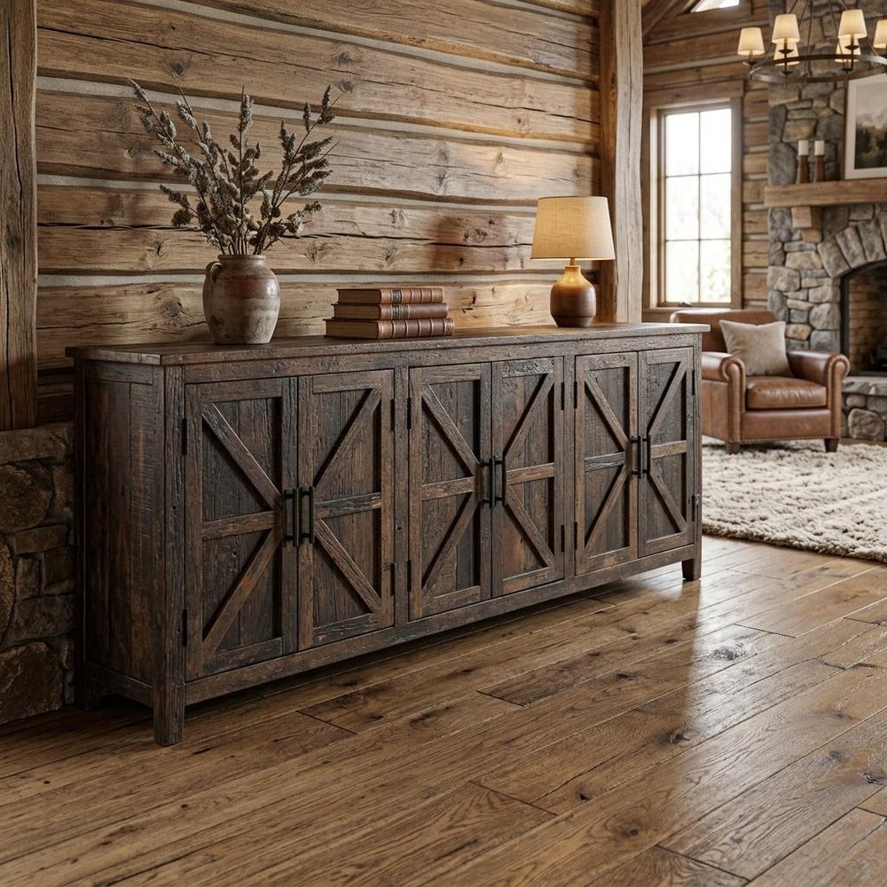 84" Dark Brown Distressed Reclaimed Wood Paneled Sideboard with Six Doors HomeRoots