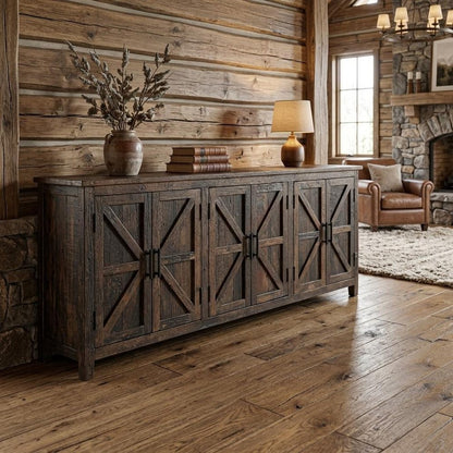 84" Dark Brown Distressed Reclaimed Wood Paneled Sideboard with Six Doors HomeRoots