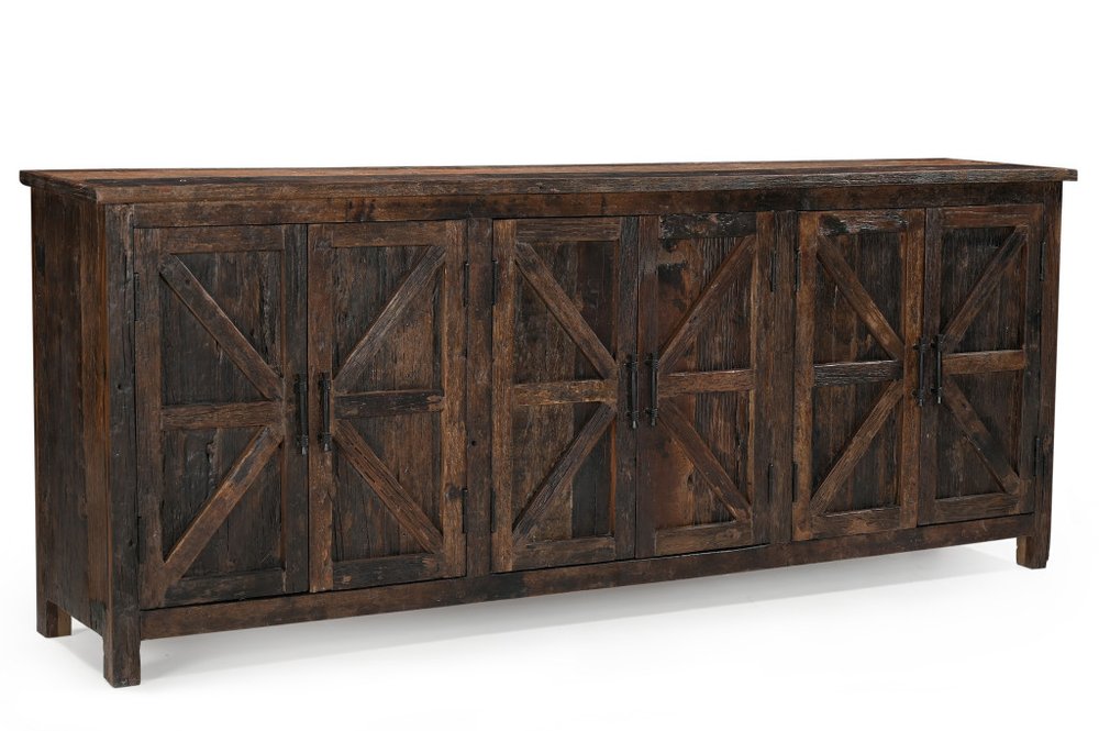 84" Dark Brown Distressed Reclaimed Wood Paneled Sideboard with Six Doors HomeRoots