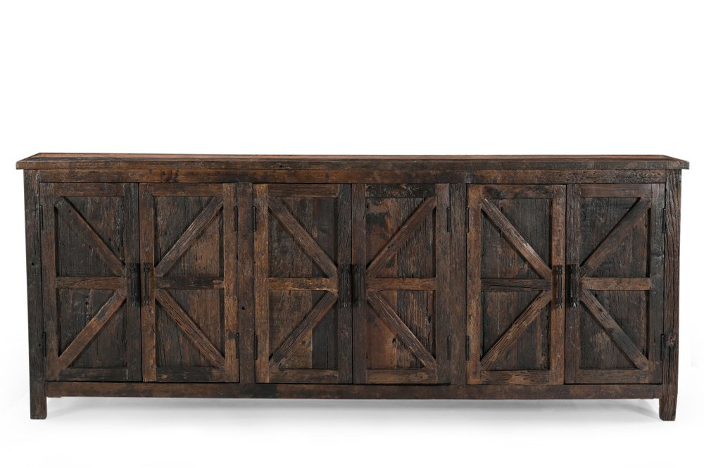 84" Dark Brown Distressed Reclaimed Wood Paneled Sideboard with Six Doors HomeRoots