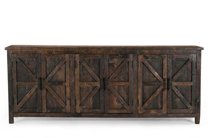 84" Dark Brown Distressed Reclaimed Wood Paneled Sideboard with Six Doors HomeRoots