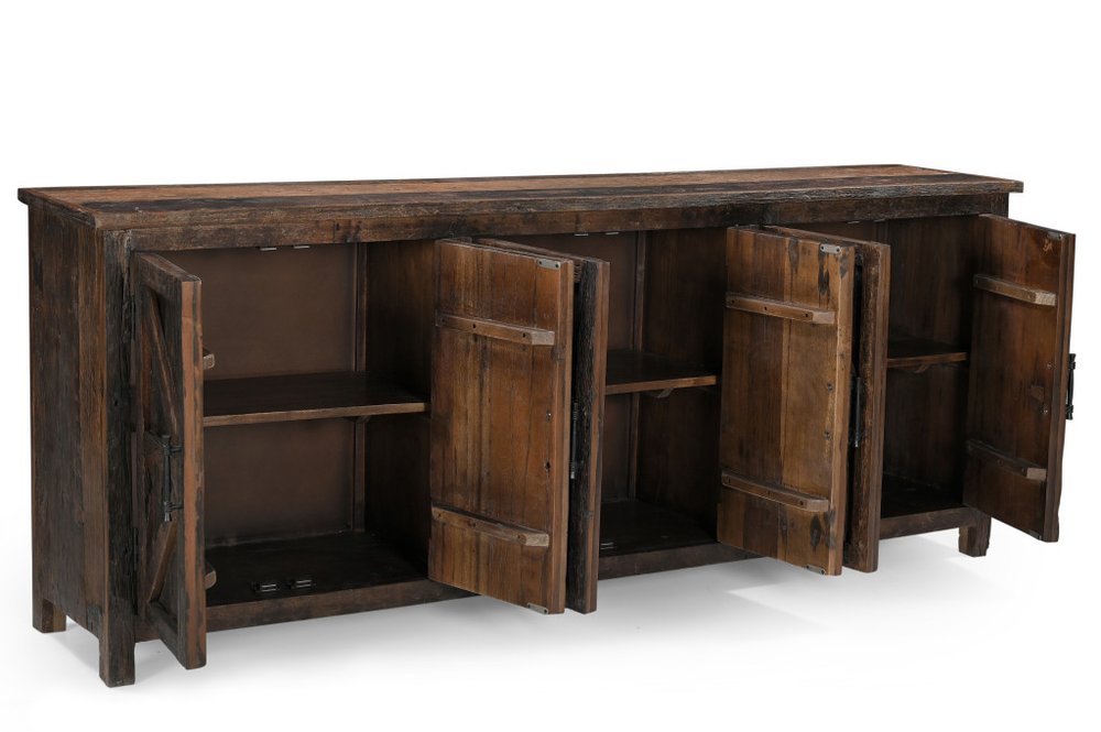 84" Dark Brown Distressed Reclaimed Wood Paneled Sideboard with Six Doors HomeRoots