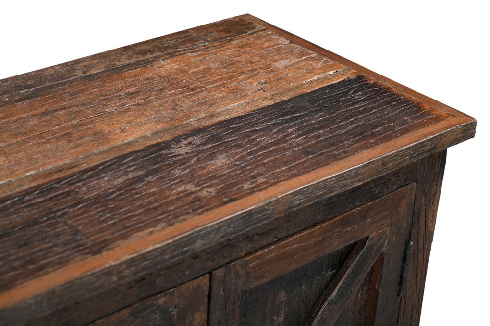 84" Dark Brown Distressed Reclaimed Wood Paneled Sideboard with Six Doors HomeRoots