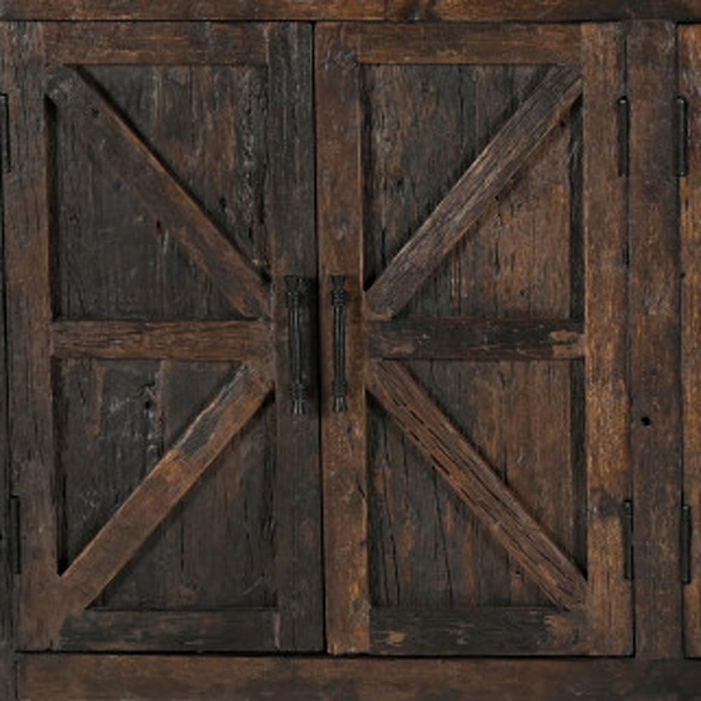 84" Dark Brown Distressed Reclaimed Wood Paneled Sideboard with Six Doors HomeRoots