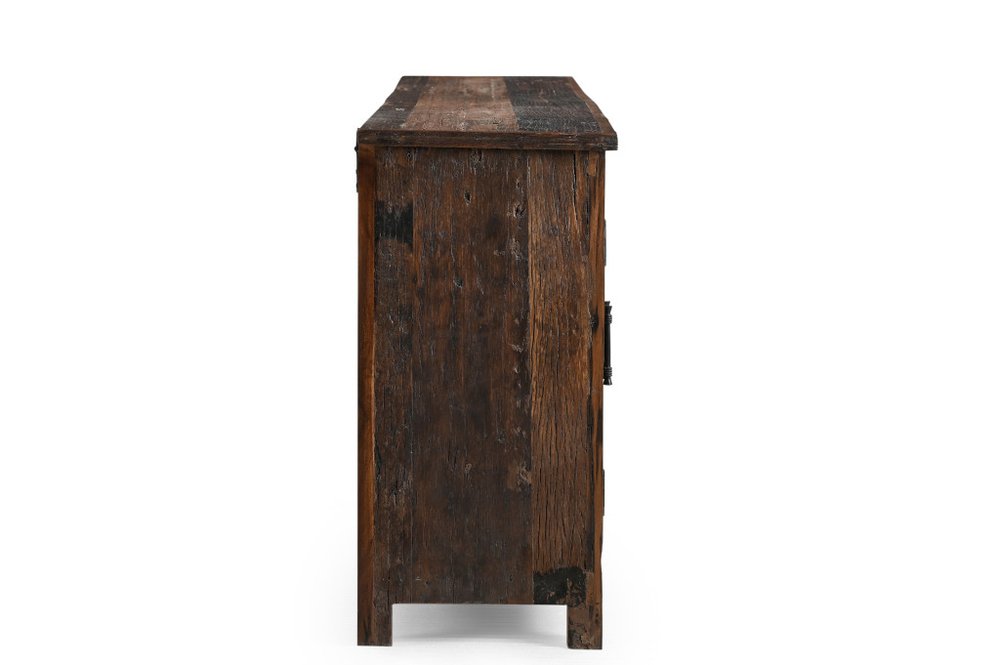 84" Dark Brown Distressed Reclaimed Wood Paneled Sideboard with Six Doors HomeRoots