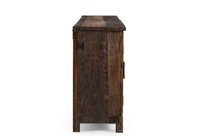 84" Dark Brown Distressed Reclaimed Wood Paneled Sideboard with Six Doors HomeRoots