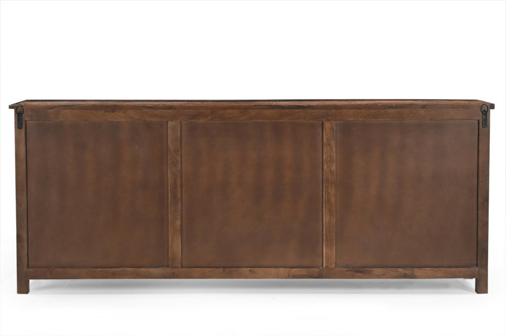 84" Dark Brown Distressed Reclaimed Wood Paneled Sideboard with Six Doors HomeRoots