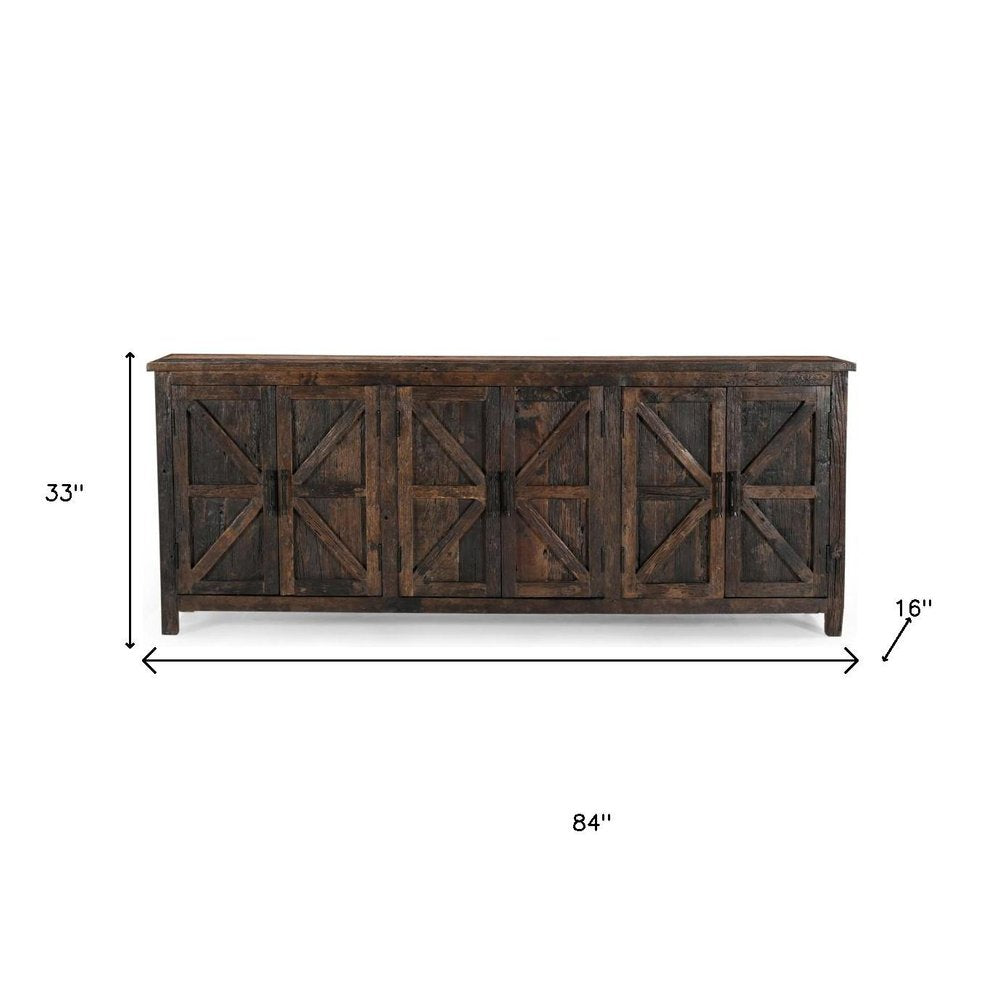 84" Dark Brown Distressed Reclaimed Wood Paneled Sideboard with Six Doors HomeRoots