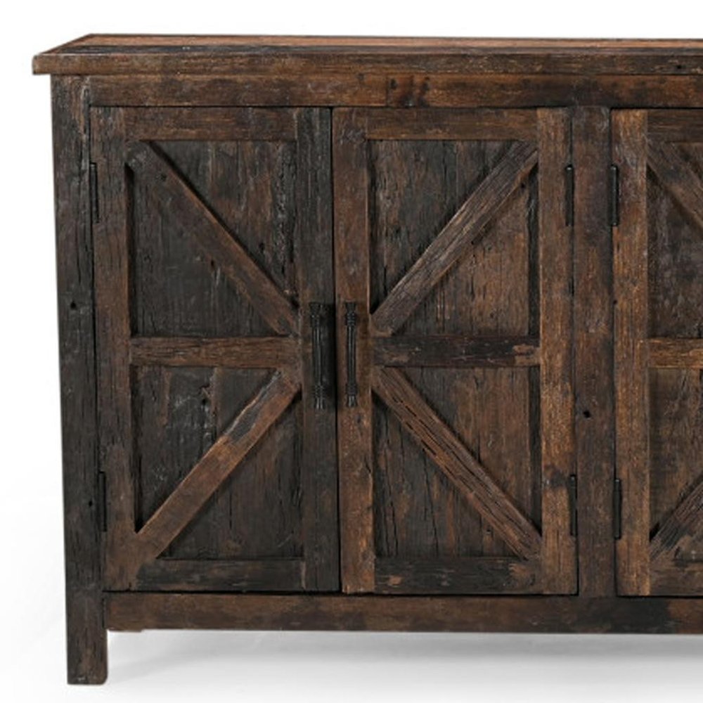 84" Dark Brown Distressed Reclaimed Wood Paneled Sideboard with Six Doors HomeRoots