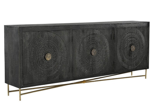 95" Black Distressed Solid Wood Carved Geometric Sideboard with Six Doors HomeRoots