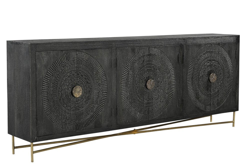 95" Black Distressed Solid Wood Carved Geometric Sideboard with Six Doors HomeRoots