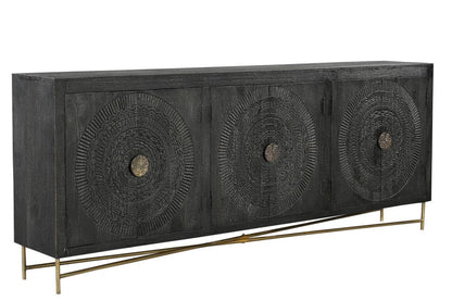95" Black Distressed Solid Wood Carved Geometric Sideboard with Six Doors HomeRoots