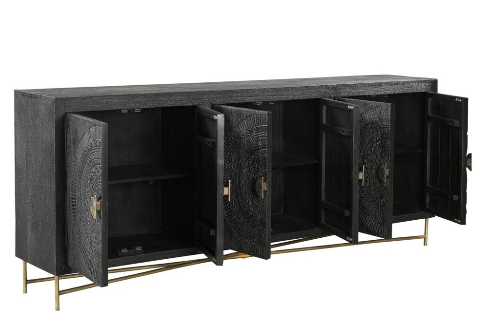 95" Black Distressed Solid Wood Carved Geometric Sideboard with Six Doors HomeRoots
