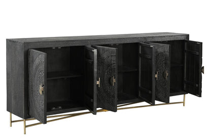 95" Black Distressed Solid Wood Carved Geometric Sideboard with Six Doors HomeRoots