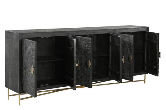 95" Black Distressed Solid Wood Carved Geometric Sideboard with Six Doors HomeRoots