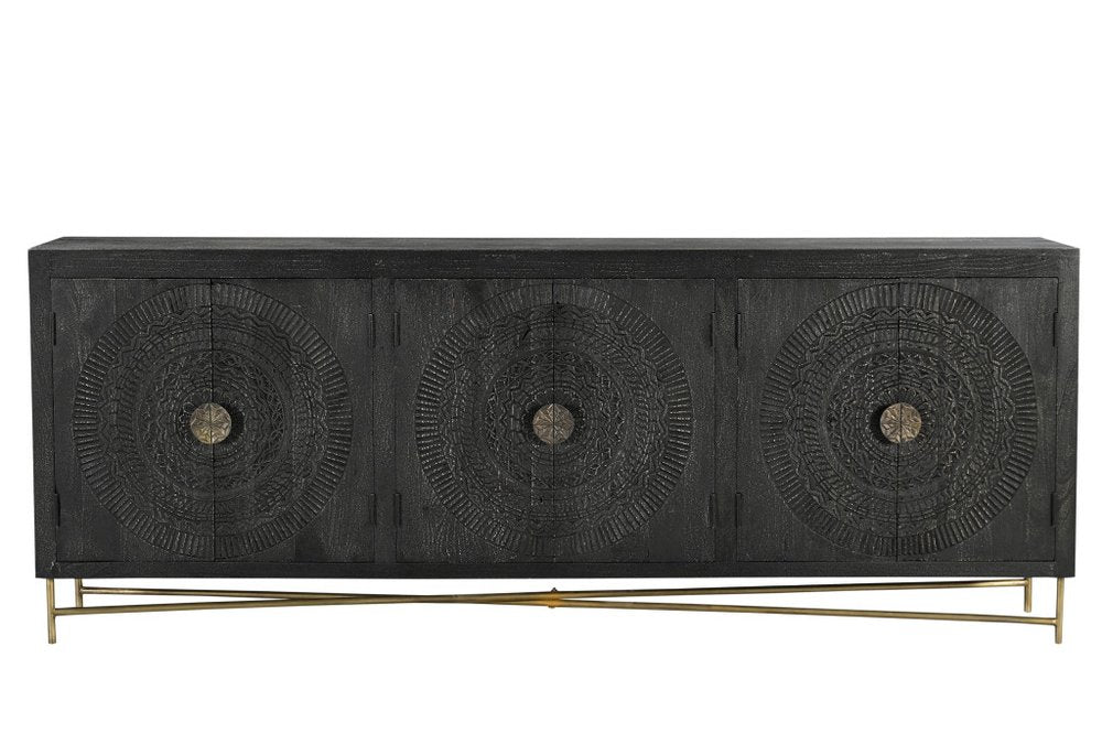 95" Black Distressed Solid Wood Carved Geometric Sideboard with Six Doors HomeRoots