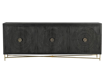 95" Black Distressed Solid Wood Carved Geometric Sideboard with Six Doors HomeRoots