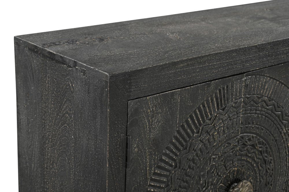 95" Black Distressed Solid Wood Carved Geometric Sideboard with Six Doors HomeRoots